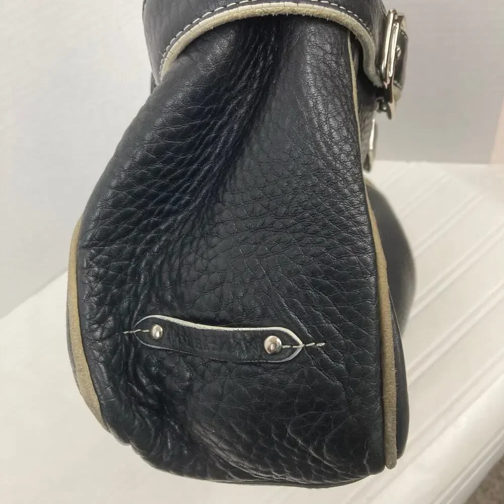 Cole Haan Village Pebbled Leather Bag Black White Trim Buckle Satchel Lined Teal